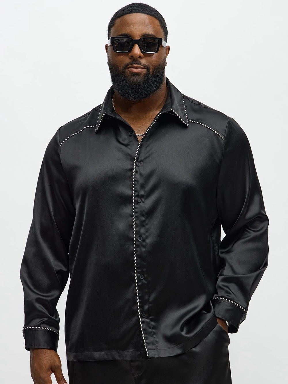 Fashion Nova Black Satin Dress Shirt with Contrast Stitching